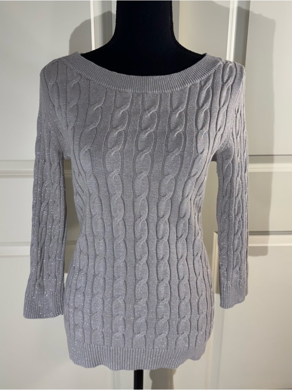 LOFT Beige Cable Sweater with Metallic Threads Medium